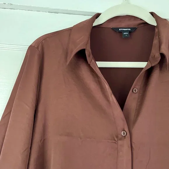 Y2K Express Chocolate Brown Satiny Button Down Shirt - Picture 3 of 5
